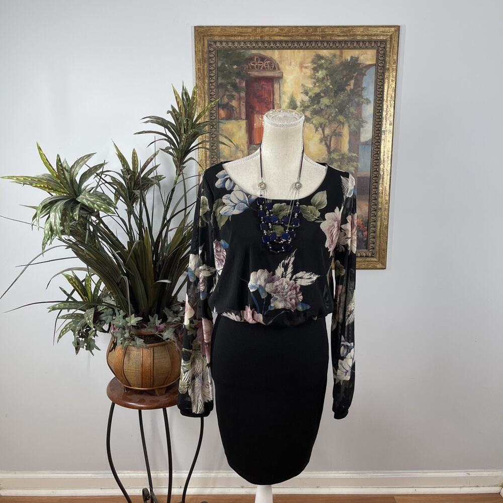 Sabora Floral Blouson Sheath Dress Medium Black Long Sleeve Stretch Boho Peasant